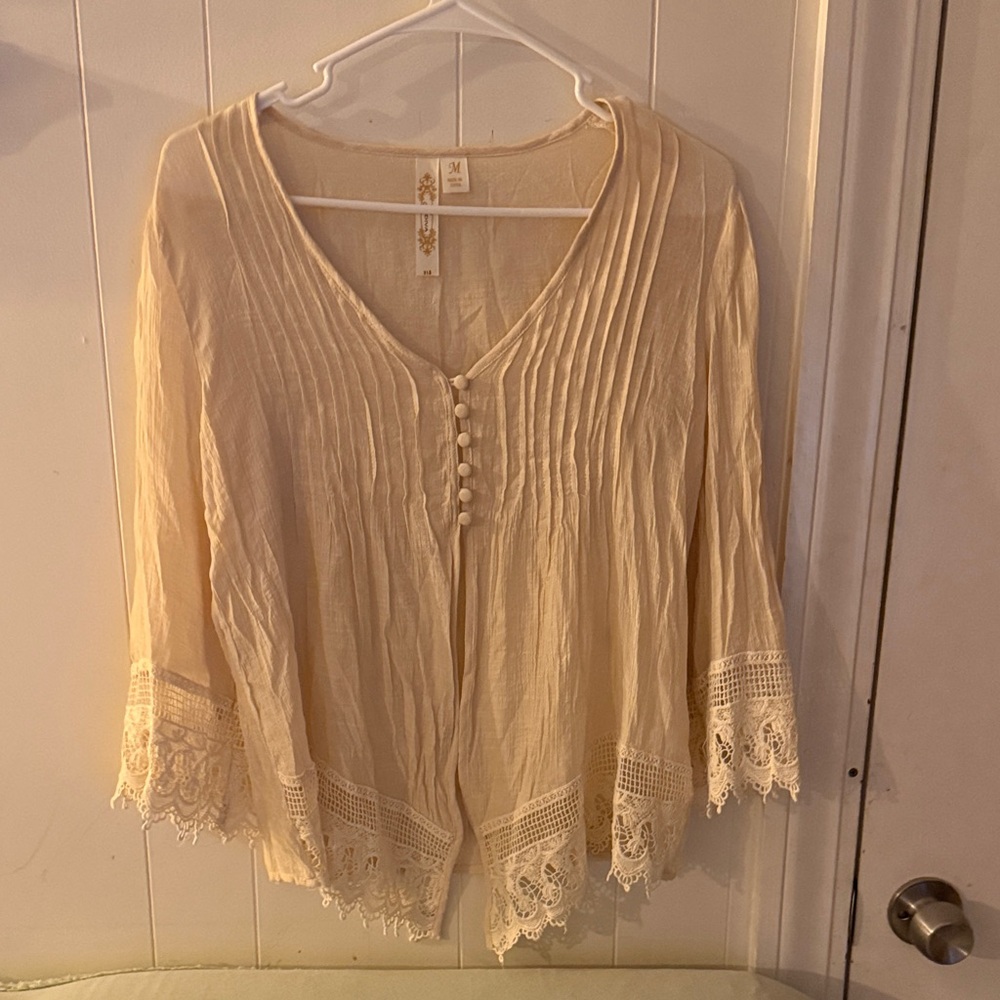 Adiva Cream Lace-Trim Pintuck V-Neck Tunic